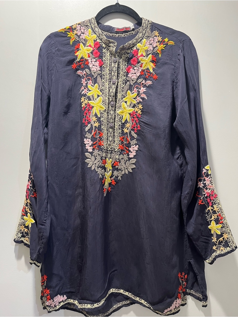 Johnny Was Navy Embroidered Tunic with Pink, Yellow & Cream Details